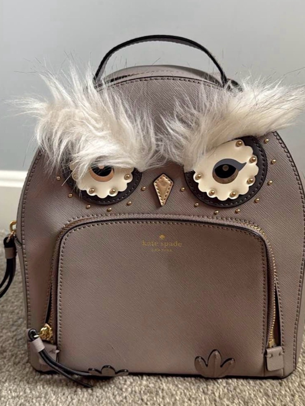 kate spade taupe owl backpack with fur trim eyebrows